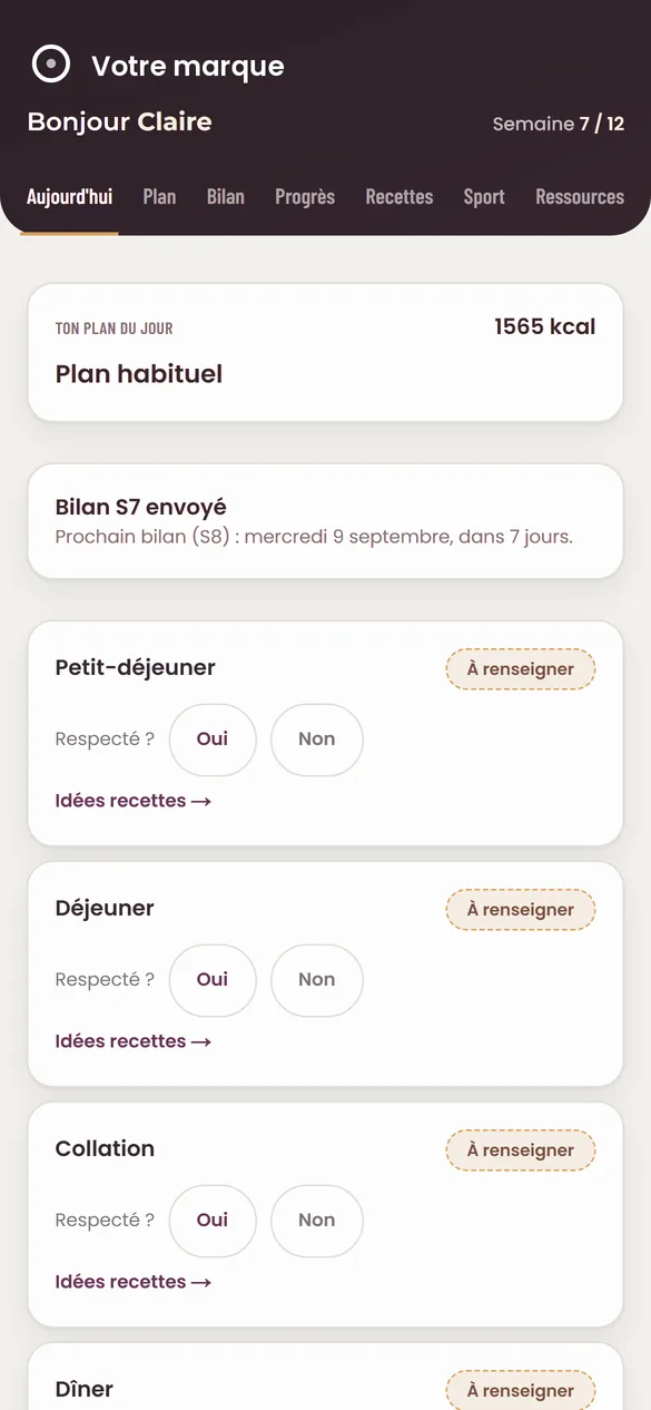 L’écran Aujourd’hui de l’application cliente : plan du jour, prochain bilan, repas à renseigner