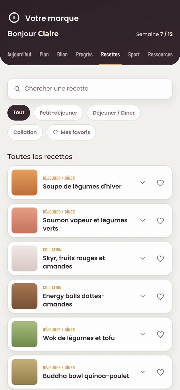 Les recettes du cabinet, filtrées par moment de la journée, avec les favoris