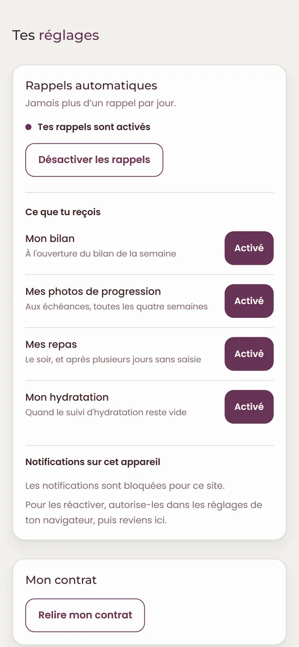 Les rappels automatiques réglés par la cliente : bilan, photos, repas, hydratation