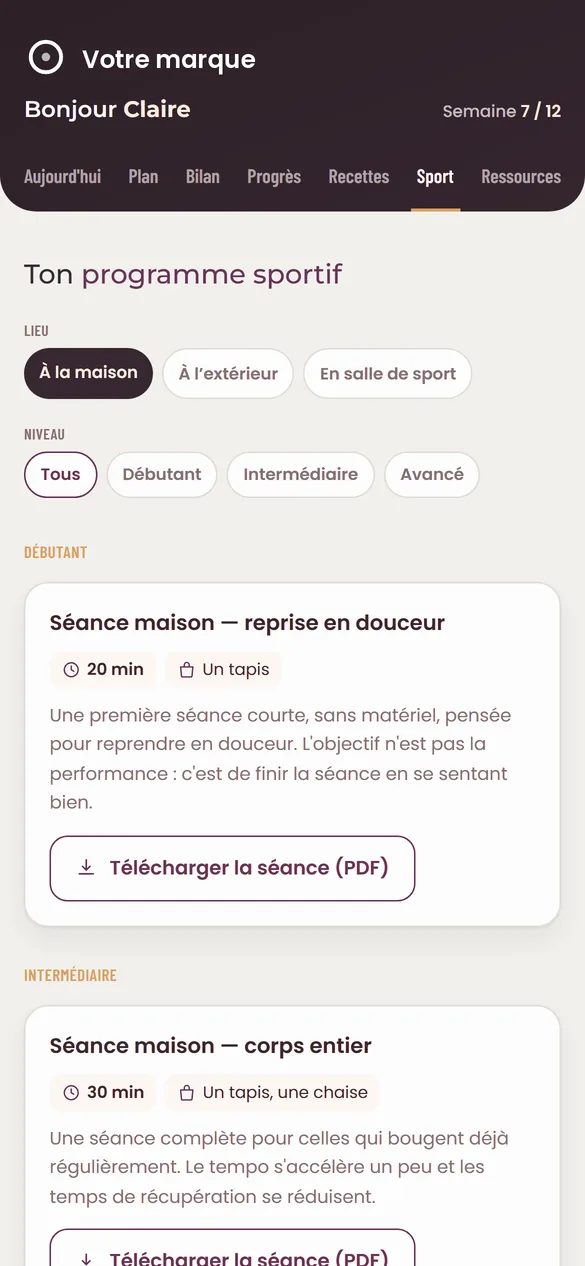 Le programme sportif : séances par lieu et par niveau, à télécharger