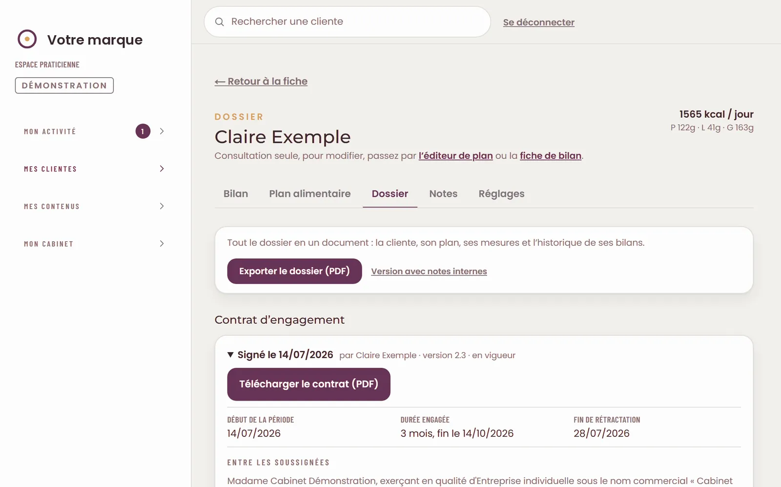 Le dossier de la cliente : export PDF et contrat d’engagement signé