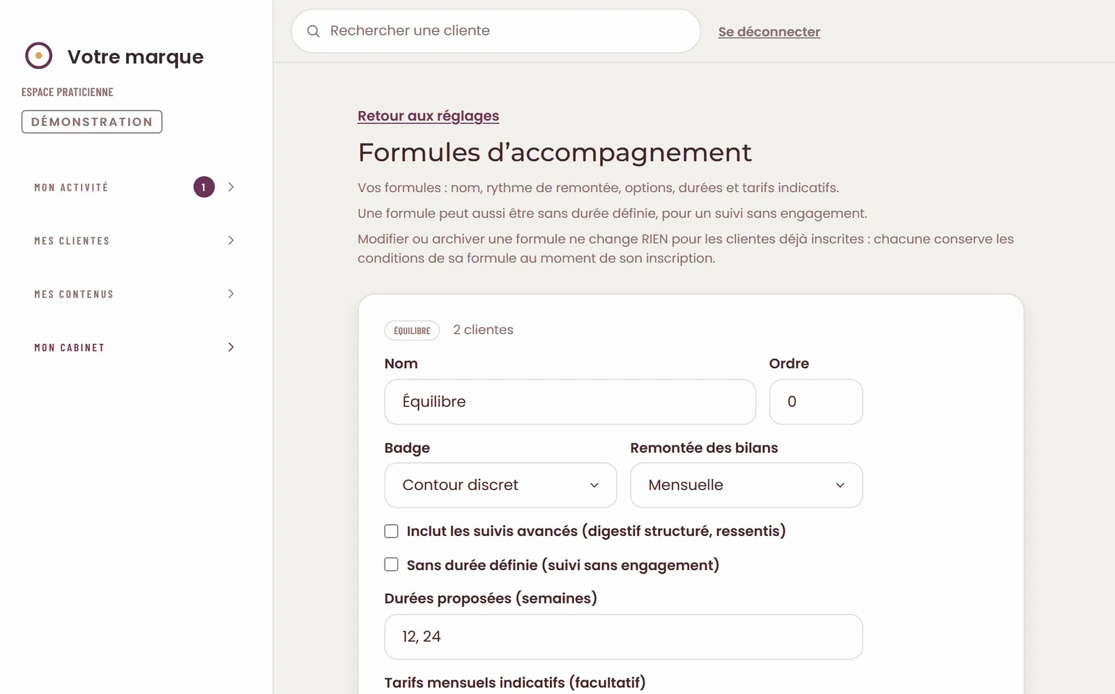 Les formules d’accompagnement du cabinet : rythme des bilans, durées, options