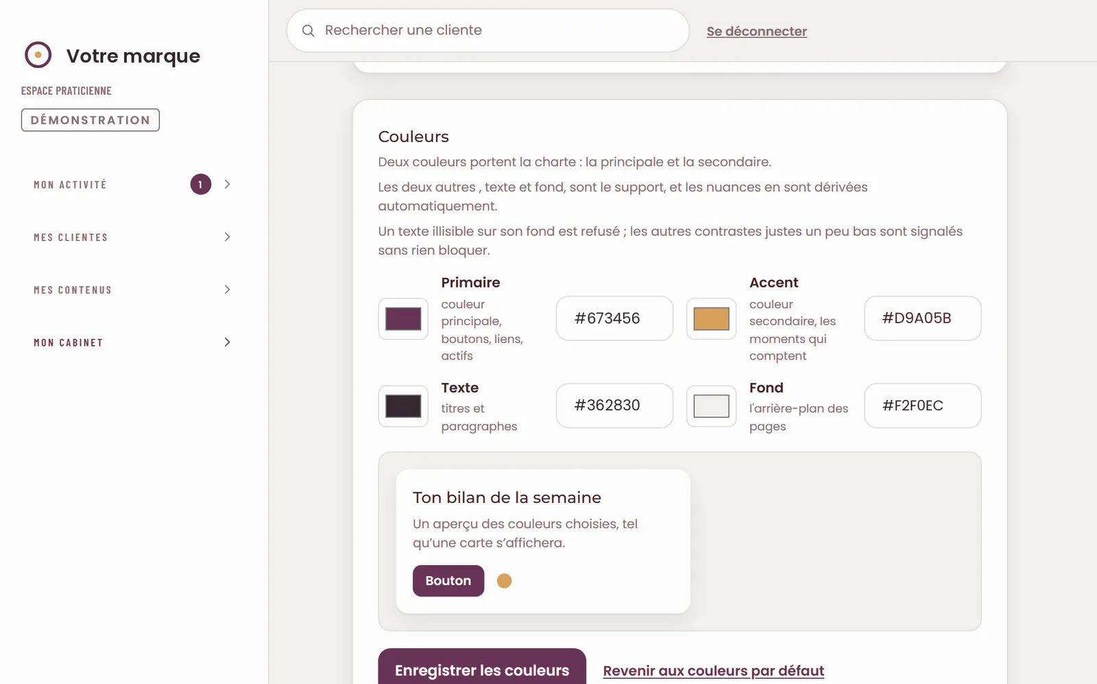 L’identité du cabinet : quatre couleurs avec contrôle du contraste, et la combinaison typographique