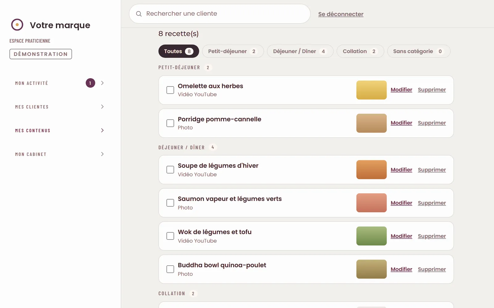 La bibliothèque de recettes du cabinet, rangée par catégories