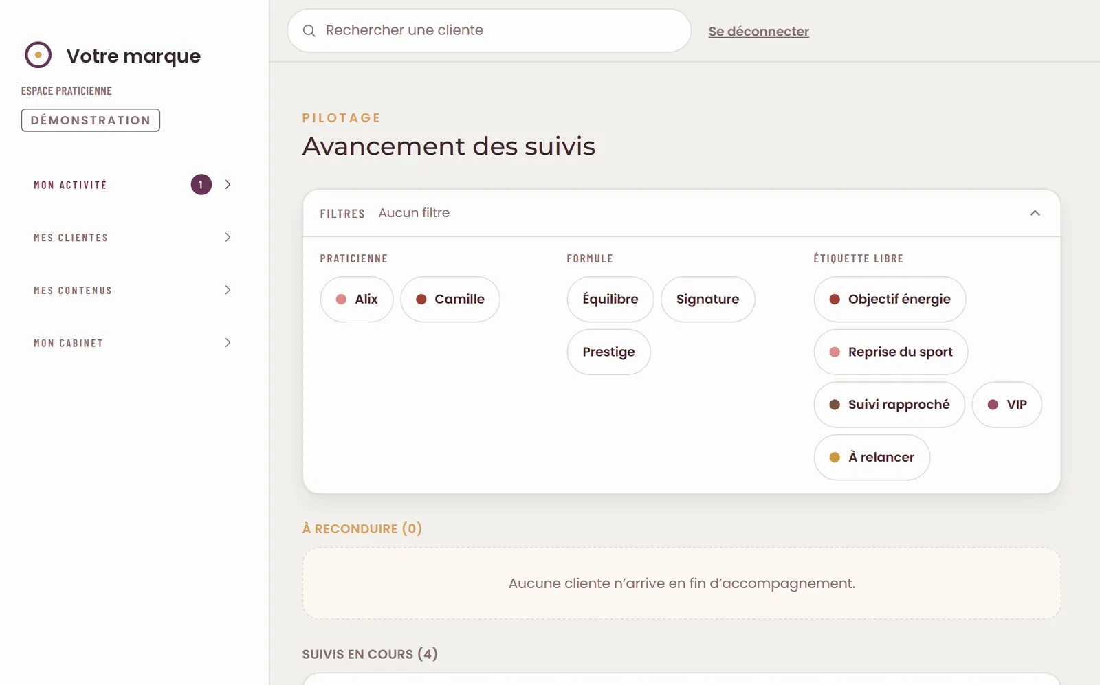 L’avancement des suivis, semaine par semaine, avec les reconductions à venir