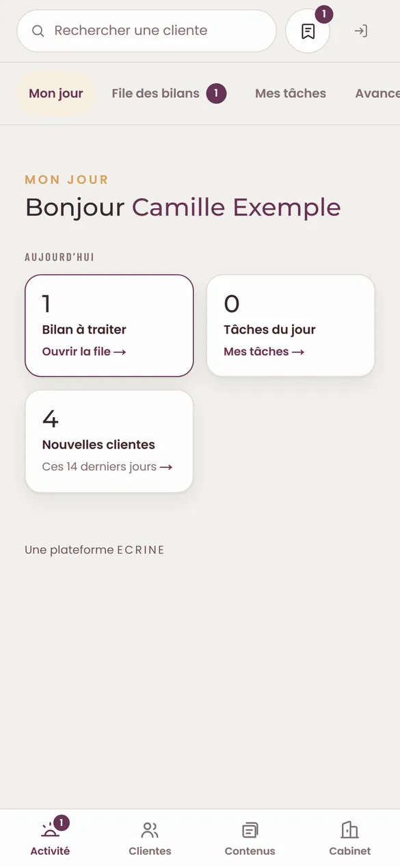 Mon jour, dans l’espace praticienne sur téléphone