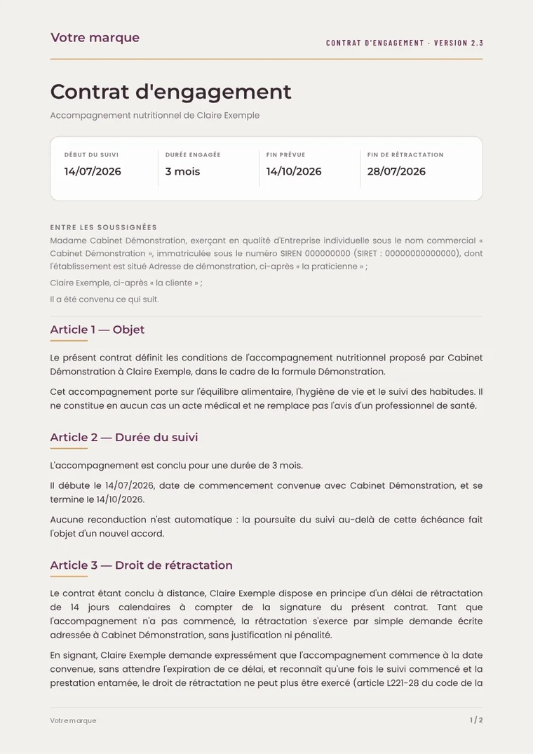 Le contrat d’engagement signé, en PDF, avec ses dates