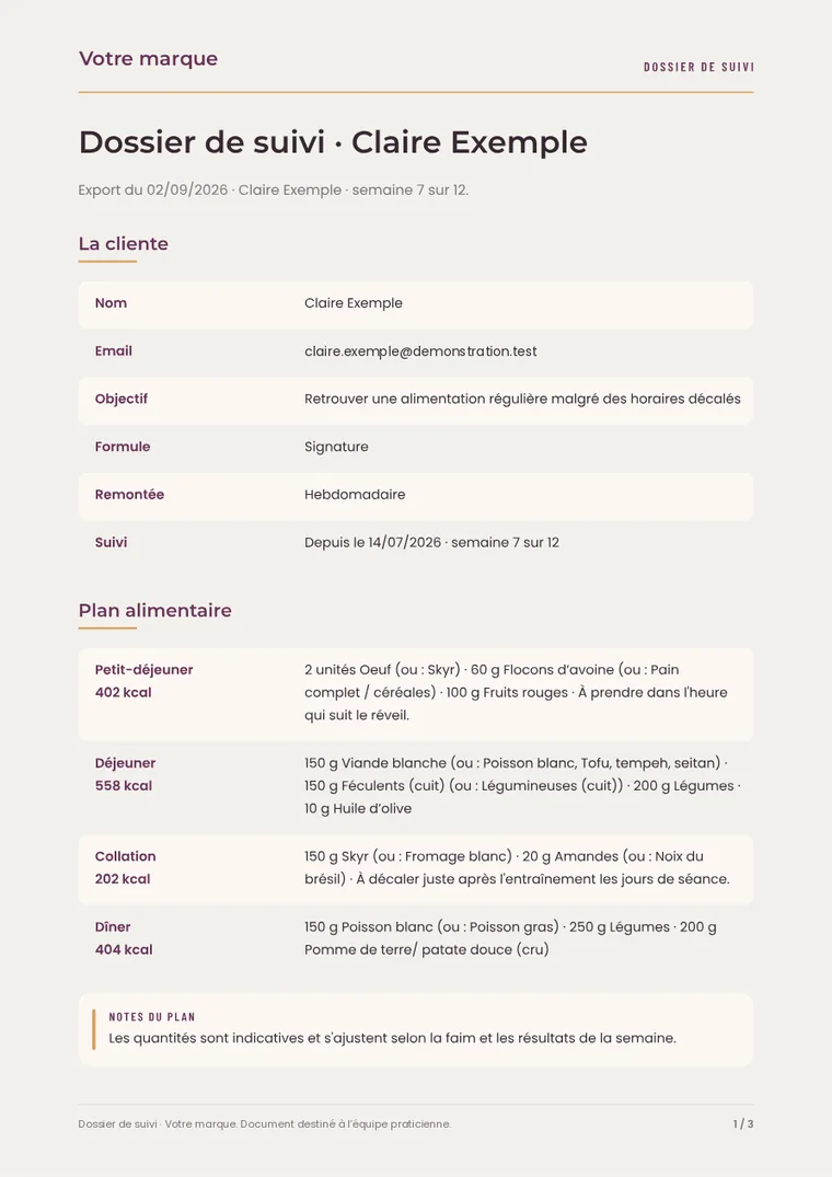 Le dossier de suivi complet en PDF : la cliente, son plan, ses mesures et ses bilans